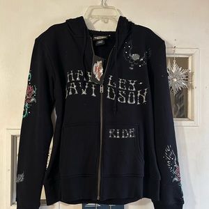 Harley Davidson BNWT size M Roses& Skulls embellished zip hoodie Vintage 2008-9